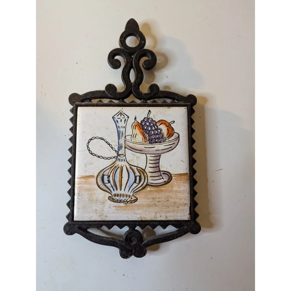 Vintage made in Japan basket of fruit bottle tile / cast iron kitchen trivet